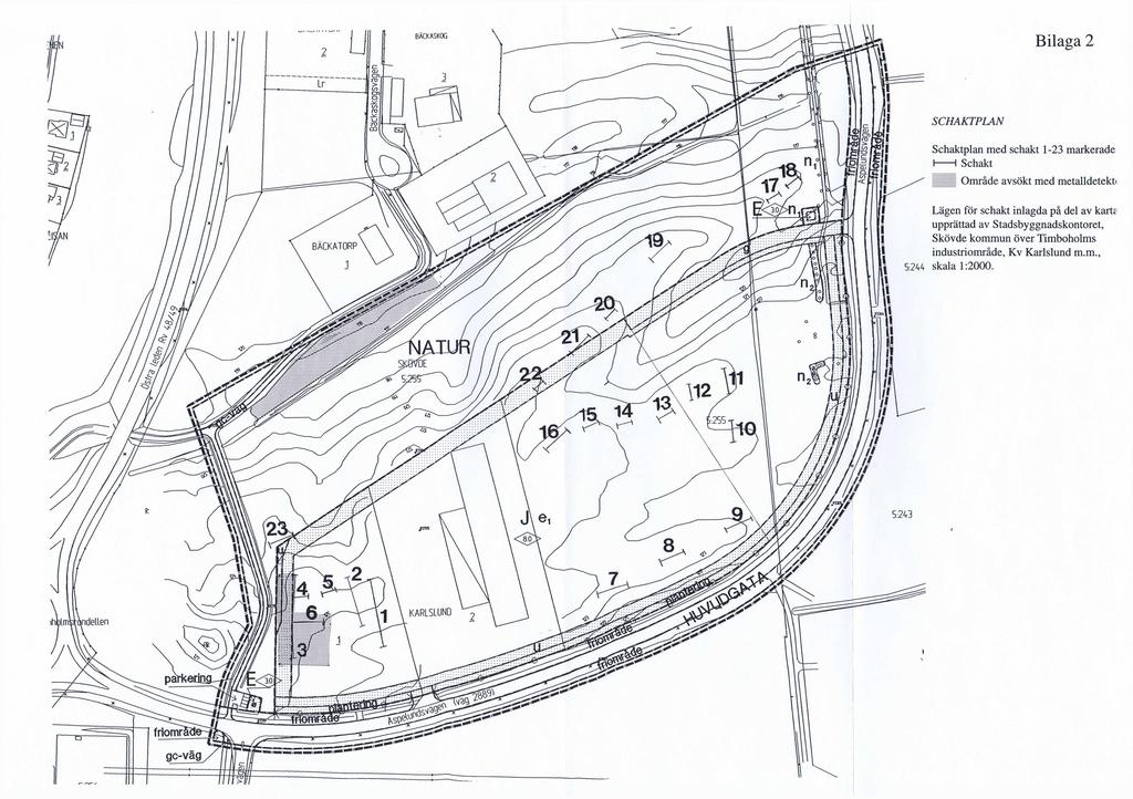 BÄCKASKOG Bilaga 2 SCHAKTPLAN Schaktplan med schakt 1-23 markerade I----- 1 Schakt Område avsökt med metalldetekt< BÄCKATORP ramsfrandellen friomr