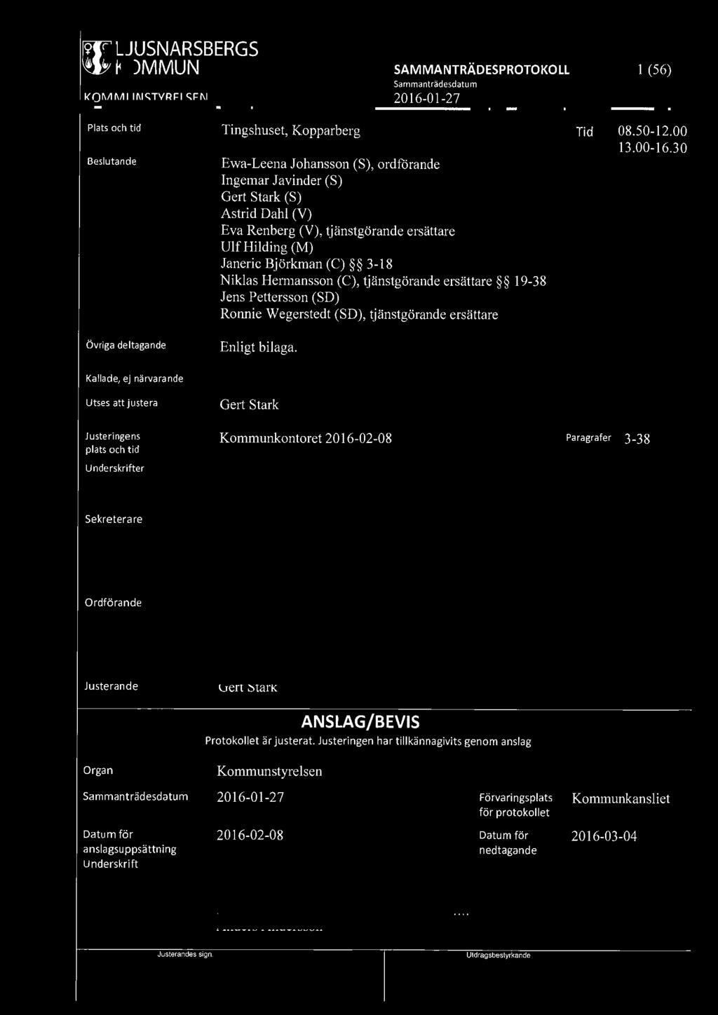 [919] LJUSNARSBERGS 1 (56) Plats och tid Beslutande Tingshuset, Kopparberg Ewa-Leena Johansson (S), ordförande Ingemar Javinder (S) Gert Stark (S) Astrid
