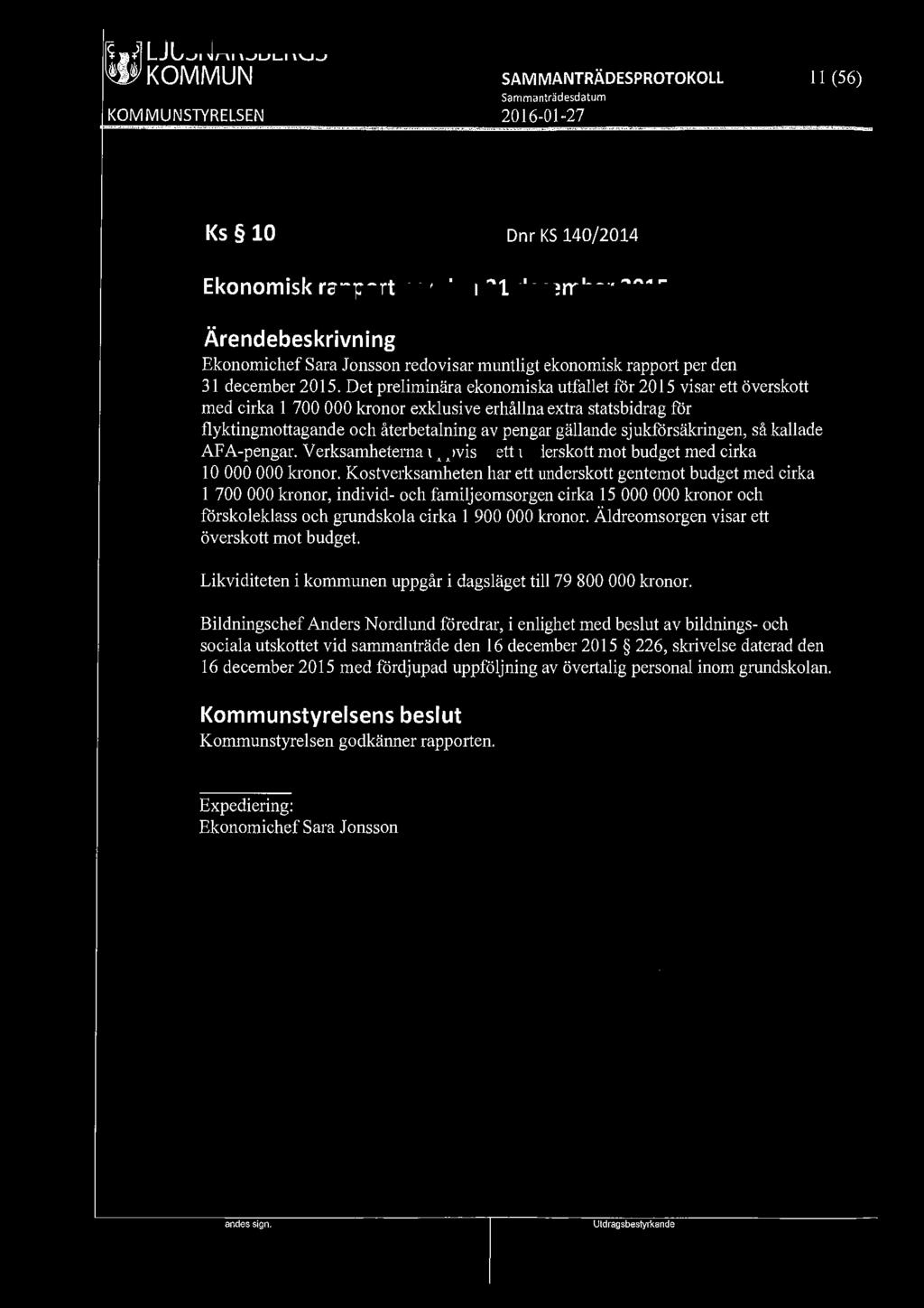 ~ LJUSNARSBERGS 11 (56) Ks 10 Dnr KS 140/2014 Ekonomisk rapport per den 31 december 2015 Ekonomichef Sara Jonsson redovisar muntligt ekonomisk rapp01i per den 31 december 2015.