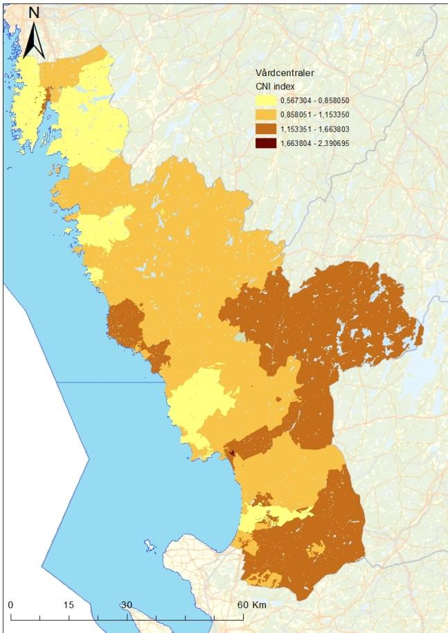 5(23) till skillnader avseende kön, ålder och socioekonomi. CNI, Care Need Index, används för att beräkna socioekonomi och därigenom risken att drabbas av ohälsa.