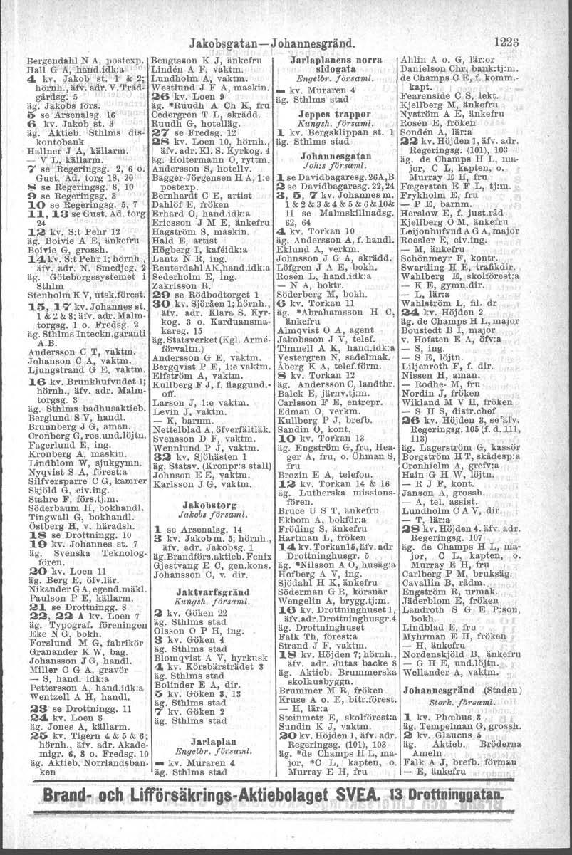 Bergendahl N A, postexp. Bengtsson K J, änkefru Hall G 11,hånd.idk:a I,~I 'Linden A F, vaktm, 4. kv. Jakob' st. '1 &; 2;: Lundholm A, vaktm. Jako bsga tan - Johannesgränd. hörnh./a:fv: ådr, V.