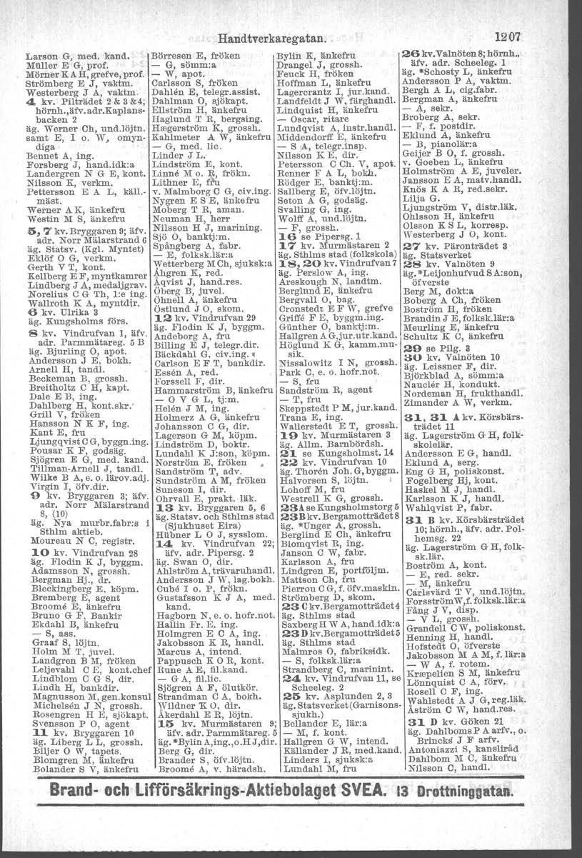Larson G, med. kand. Muller E G, prof. Mörner KAH, grefve, prof. Strömberg E J, vaktm. Westerberg J A, vaktm. 4 kv. Pilträdet 2 & 3 &4; hörnh., äfv. adr.kaplansbacken 2 äg. Werner Ch, und.löjtn.