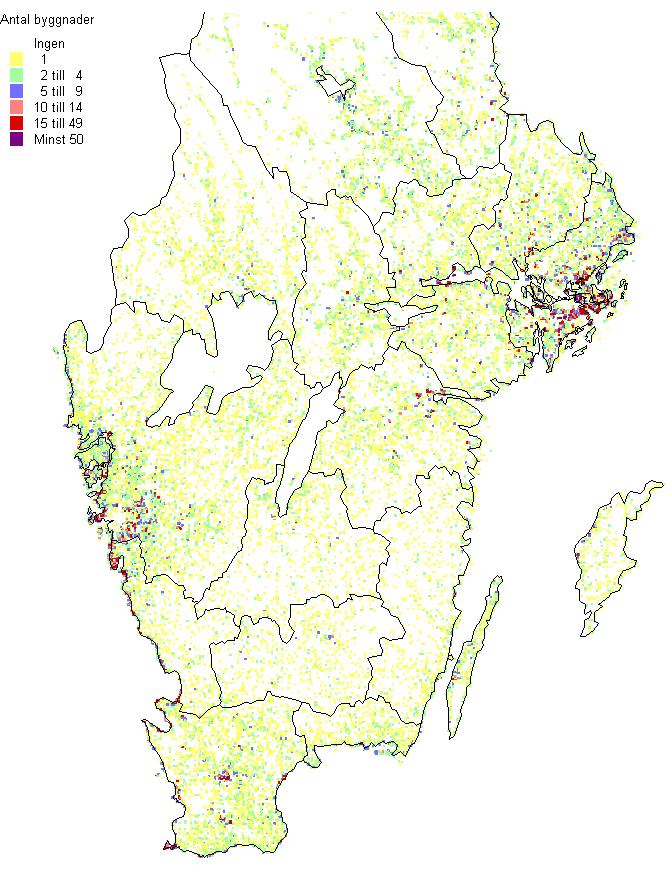 SCB 9 MI 69 SM 0501 Kartor 1. Permanent bebodda byggnader 2005 av 1990 års fritidshusbestånd per km-rutor.
