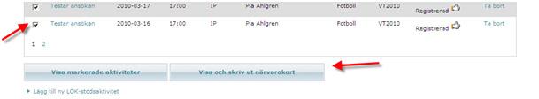 Sortera fram de aktiviteter du vill ha ett sammanställt närvarokort på. Aktiviteter som kan väljas måste vara registrerade. Du får då fram en lista med aktiviteter, max 30 per sida.