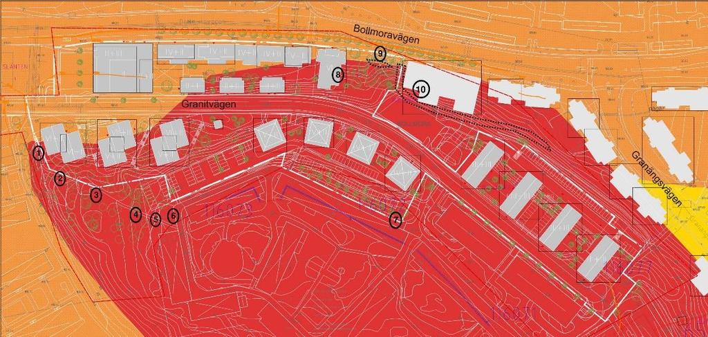 Figur 2. Urklipp från grundkarta för byggplan, layout 1, med den planerade nybyggnationen i grått. Bakgrundskartan är SGU s jordartskarta.