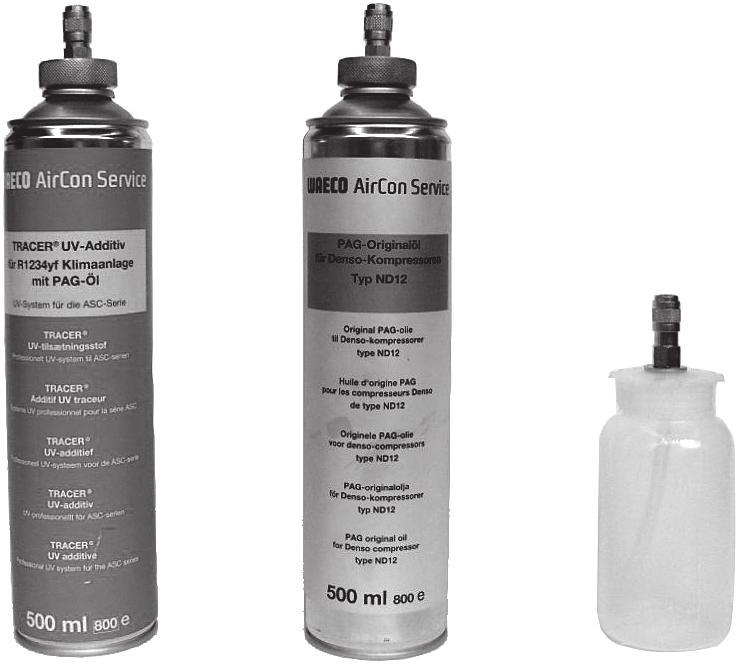 Första idrifttagande VAS 581 001 7.9 Mata in behållarnas storlek För ny olja och spårmedel kan man använda behållare på 500 ml (B) eller 250 ml (C).