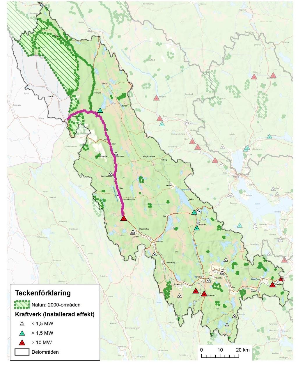 Figur 49. Områden inom Västerdalälvens avrinningsområde som är Natura 2000 områden (naturvärdesklass 1).