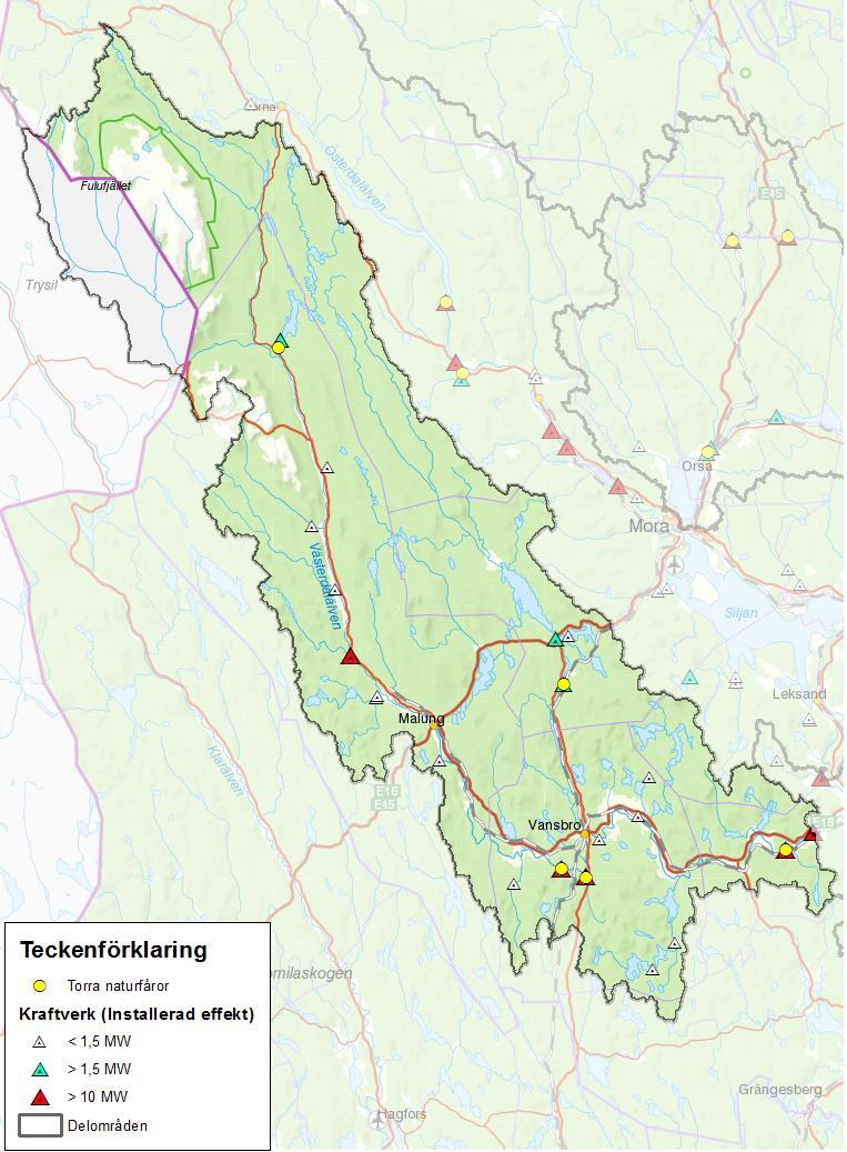 Figur 54. Torrfåror inom Västerdalälvens avrinningsområde. Utöver de som återfinns i figuren finns ytterligare torrfåror vid flertalet av de mindre kraftverken.