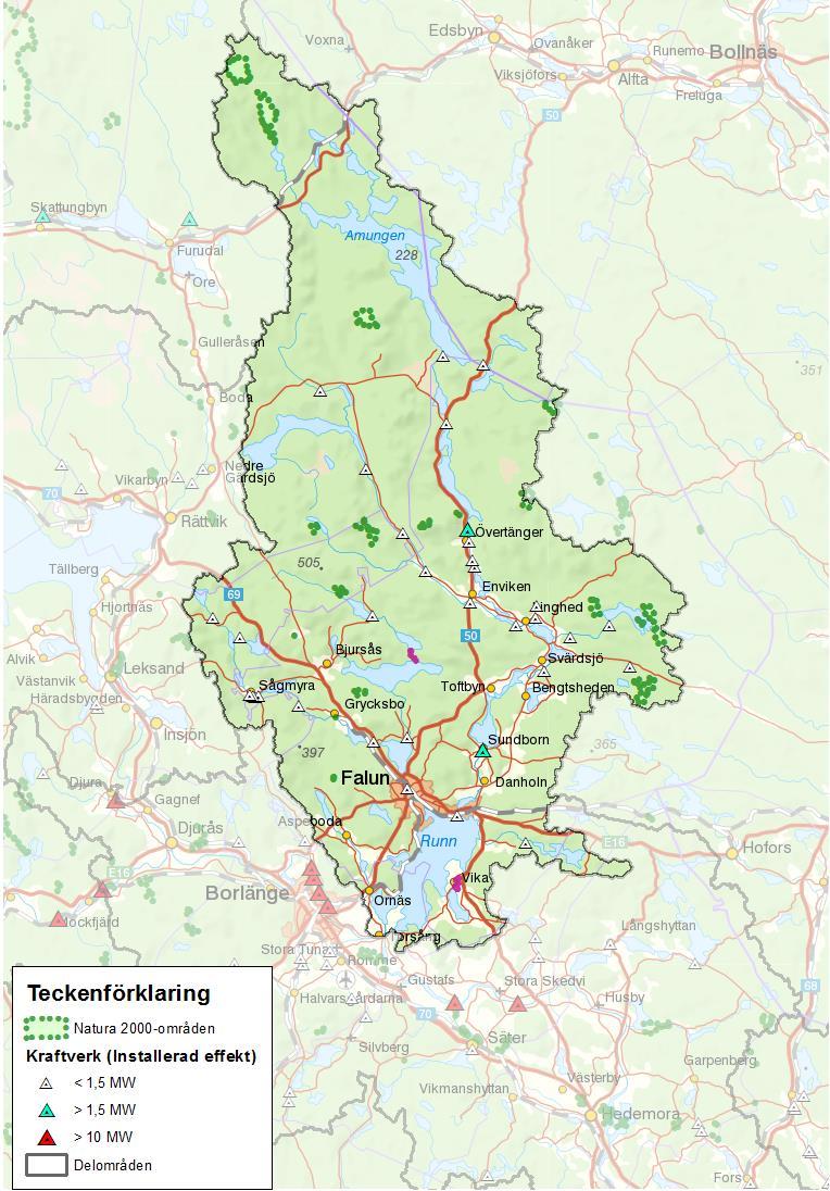 Figur 66. Områden inom Runn och tillflöden som är Natura 2000 områden (naturvärdesklass 1).