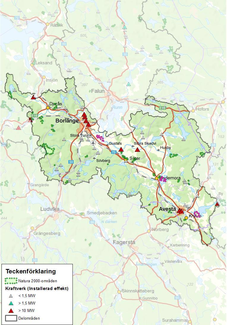 Figur 87. Områden inom mellersta Dalälven som är Natura 2000 områden (naturvärdesklass 1). Natura 2000-områden markerade med rosa bedöms påverkas av vattenkraften och därmed gynnas av miljöåtgärder.