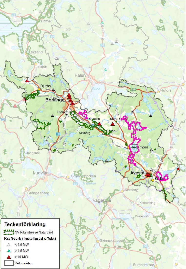 Figur 91. Områden inom mellersta Dalälvens avrinningsområde som är riksintresse för naturvården enligt MB 3 kap, 3:6 (naturvärdesklass 2).