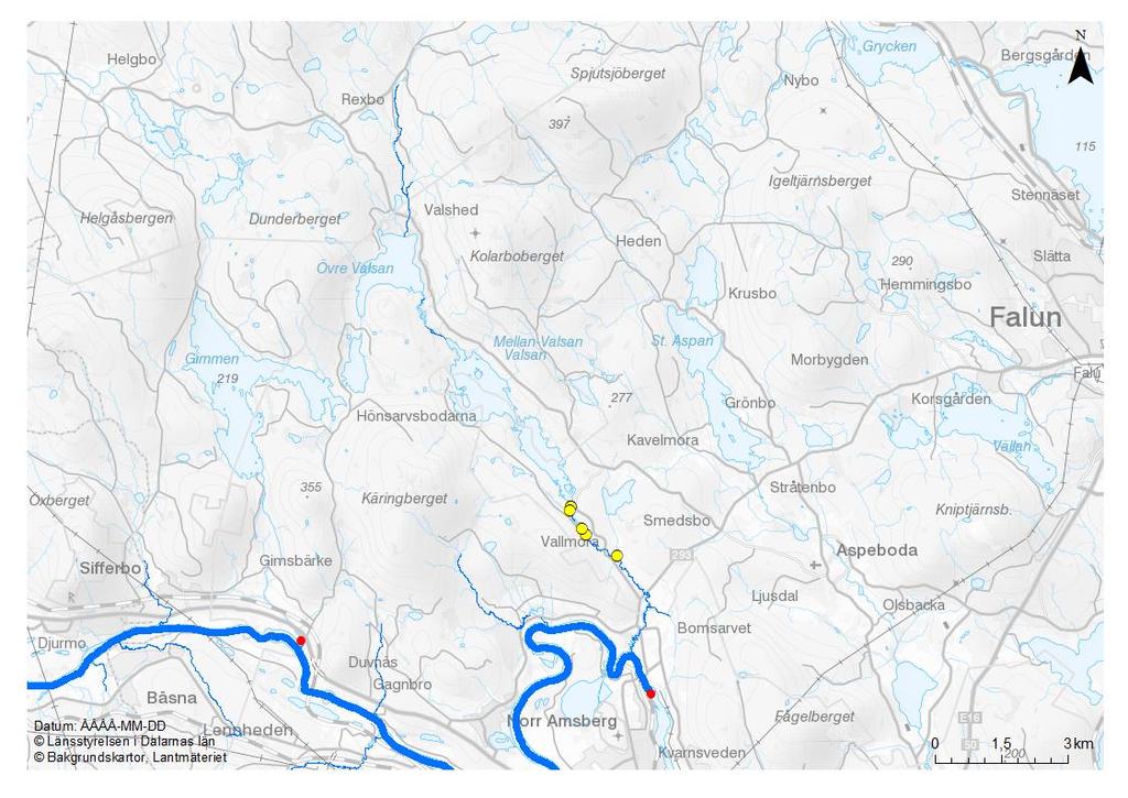 Figur 96. Om åtgärder genomförs enligt åtgärdspaket 7 (gula prickar) tillgängliggörs den areal strömsträckor som visas med blått, upp och ner till nästa vandringshinder (röda prickar).