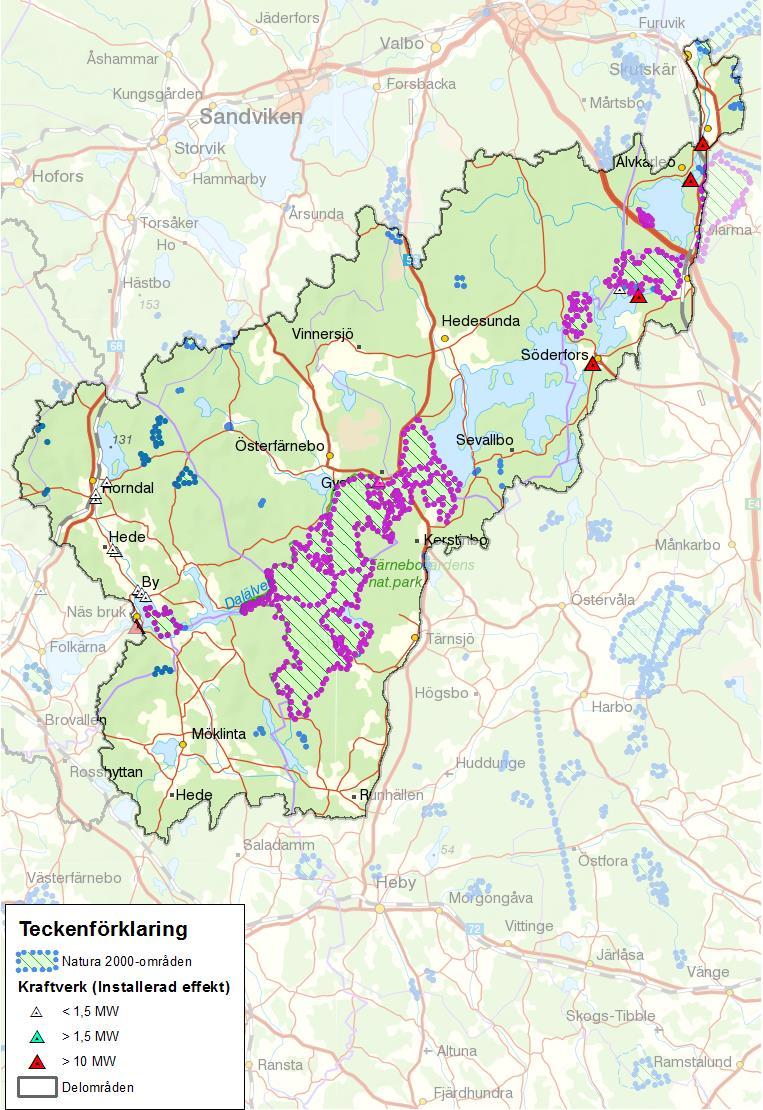 Figur 100. Områden inom nedre Dalälven som är Natura 2000 områden (naturvärdesklass 1). Natura 2000-områden markerade med rosa bedöms påverkas av vattenkraften och därmed gynnas av miljöåtgärder.