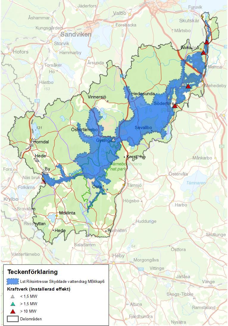 Figur 101. Områden inom nedre Dalälvens avrinningsområde som är skyddade vattendrag enligt Miljöbalken 4:6 (naturvärdesklass 2).