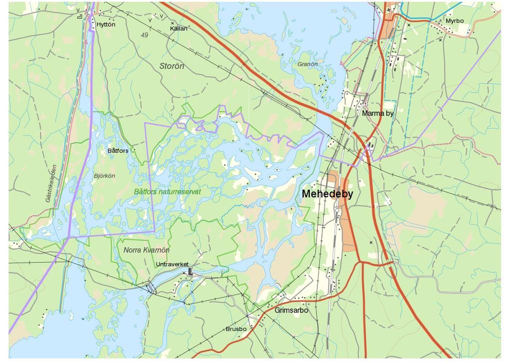 Figur 108. Båtfors naturreservat, väster om Mehedeby. Effektmål: Varaktiga översvämningar ska ske minst tre gånger per årtionde. Nyetablering av gran i svämskogen ska upphöra.