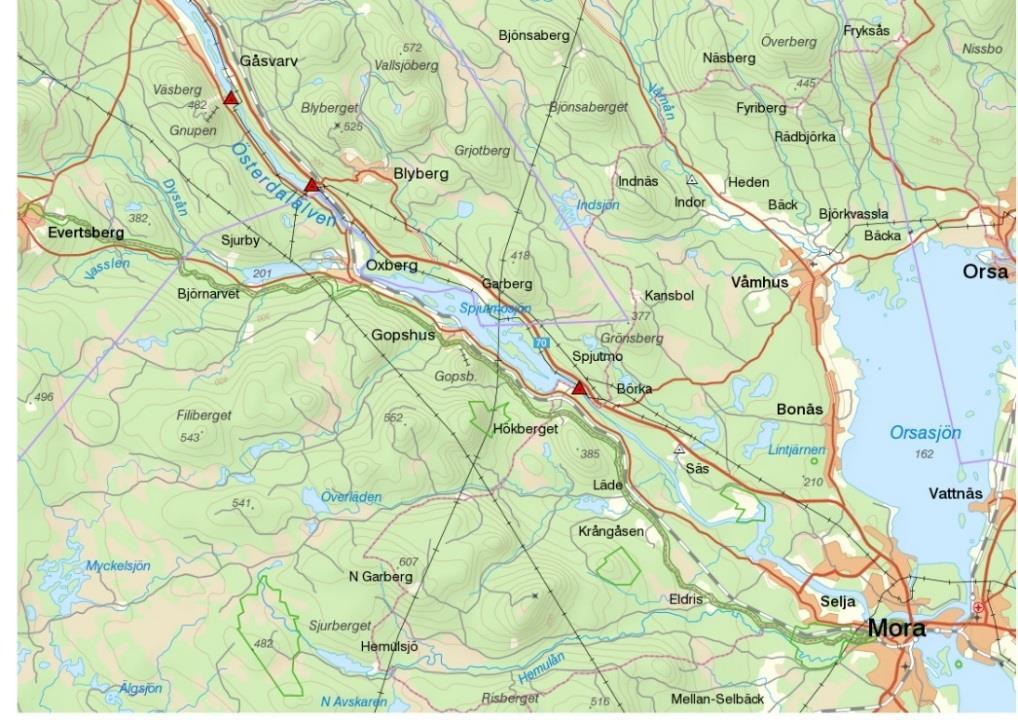 Figur 11. Översiktskarta över området från Spjutmo till Väsa kraftverk. Röda trianglar motsvarar kraftverkens läge.
