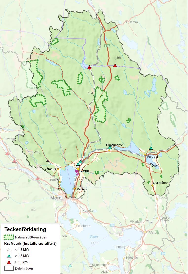 Figur 33. Områden inom Oreälvens avrinningsområde som är Natura 2000 områden (naturvärdesklass 1).
