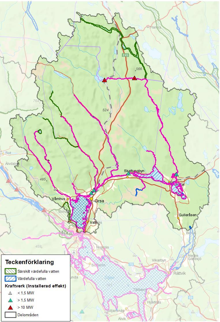 Figur 34. Värdefulla och särskilt värdefulla vatten i Oreälvens avrinningsområde identifierade av länsstyrelserna och fastslagna av Naturvårdsverket.