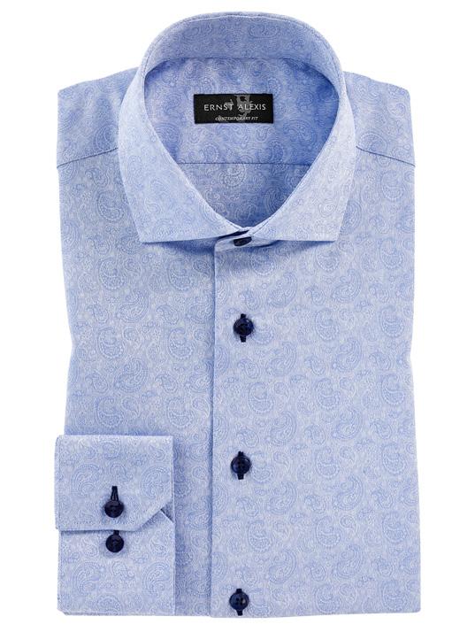 5850 PURE COTTON -21 JACQUARD WOVEN PURE COTTON JACQUARD WOVEN material: 100% bomull. krage: Normal cut áway. detaljer: Marinblå knapp med marinblå knapptråd och marinblått knapphål.