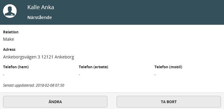 Beskrivning 15(47) 7.7. Närstående För att lägga till uppgifter om närstående klicka på Lägg till närstående/ annan. När det finns ifyllda uppgifter visas dessa som en blå ikon i menyn.