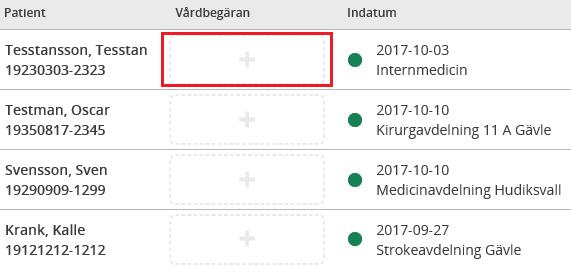 Beskrivning 18(47) 8. Vårdbegäran Vårdbegäran skapas antingen via patientmenyn Skapa vårdbegäran eller i listan Inneliggande patienter SPU, om patienten redan är inskriven.