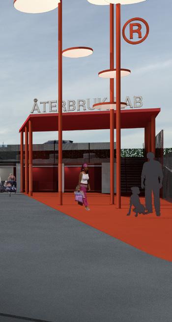 Integrerat, belyst skyltsystem RAL 3013, NCS 2060-Y80R SKYLT ÅTERVINNINGSBUTIKER Mindre vattenskurna metallbokstäver monterade mot stålställning belysta underifrån.