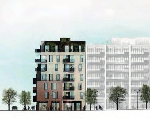 Via stora hörnlokaler i bottenvåningen öppnar huset upp sig mot oulevarden knyter an till det
