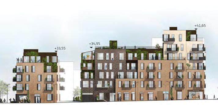Kantzonens omväxlande karaktär och avstånd mellan byggnadens fasad och fastighetsgränsen varierar längs med gröna slingan och
