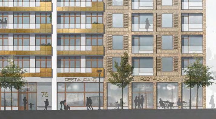 Generös och öppen bottenvåning mot Boulevarden Hörnhuset gestaltas med ett ramverk i tegel med avvikande fyllningar,