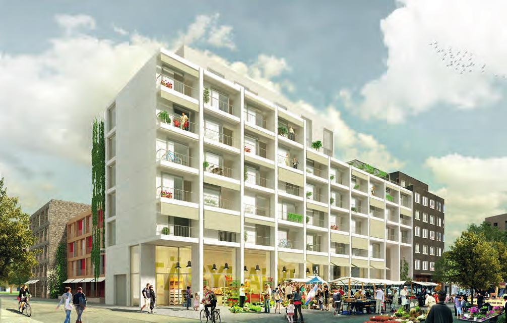 Kvartersdel 1:3A - Byggnadsutformning Fastigheten utgör den sydvästra halvan av kvarteret och bildar fond med sin södra fasad mot torg och oulevard.