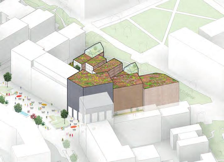 Bebyggelsestrukturen är anpassad för att svara på skillnaden mellan torg och park, en stabil stadsfront via en mer småskalig och återhållen typologi till stadsradhus som öppnar kvarteren mot naturen.