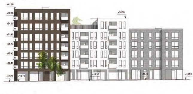 Mot stadsgata Utmed stadsgatan möts man i bottenvåningen av lokaler varvat med välkomnande