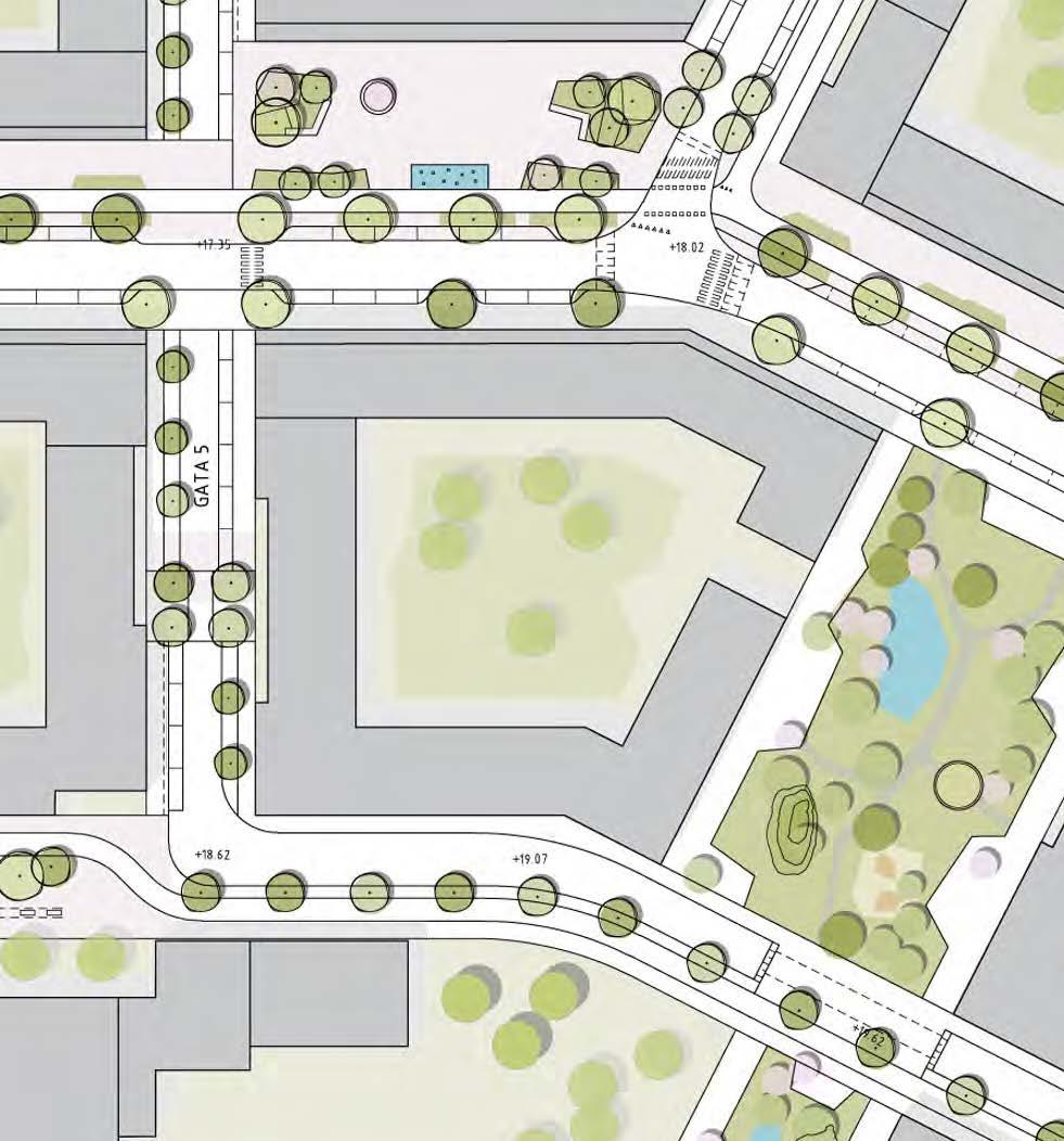 Till förgården är delvis uteplatser förlagda för att skapa liv längs gatan, men också rena grönytor skapar distans till bostäderna på bottenplan. Garaget nås från gata 5 nära Boulevarden.