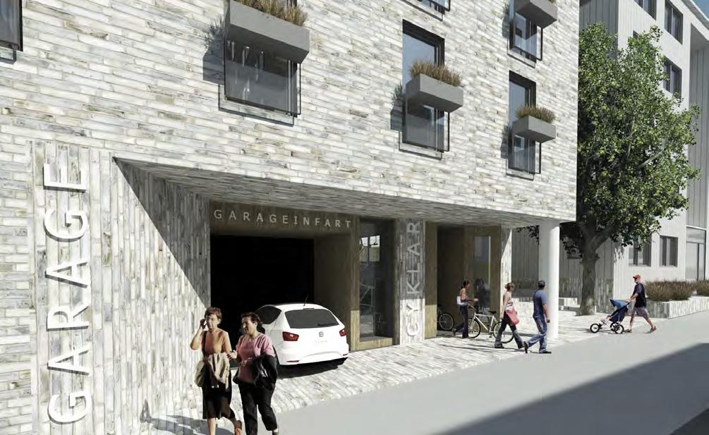 Fronten mot Gröna stråket/boulevarden uteplatser entré gård entré cykelrum in-/utfart