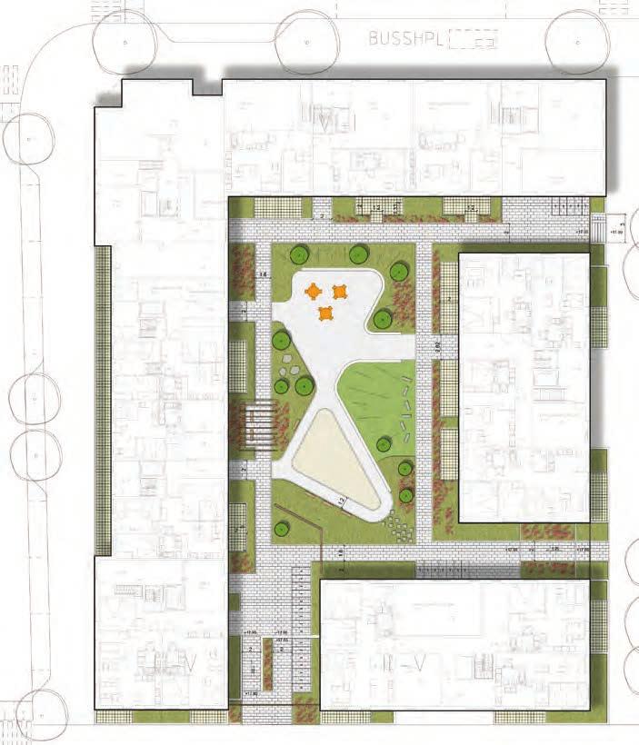 Gården inrymmer ytor för rekreation och sociala aktiviteter, frodiga planteringar, en småbarnslek, cykelparkeringar och kommunikationsstråk som binder samman gården.