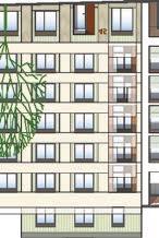 Fasaden mot torget är robust och berikas av reliefverkan och repetition av enhetliga fönster.