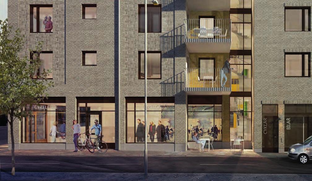 Fönster, glaspartier och andra plåtdetaljer lackeras i mörkbrun kulör som harmoniserar väl med det glaserade teglet.