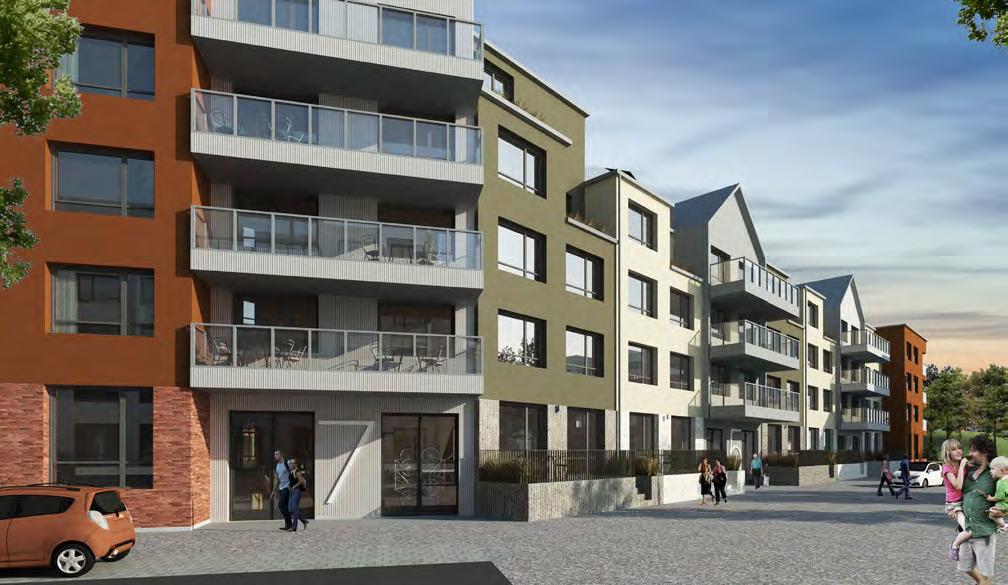 Vy mot gata 5, grannskapsparken. En smaåskalig 3-4 vån hög bebyggelse med variationsrikt taklandskap och uppbrutna fasader.