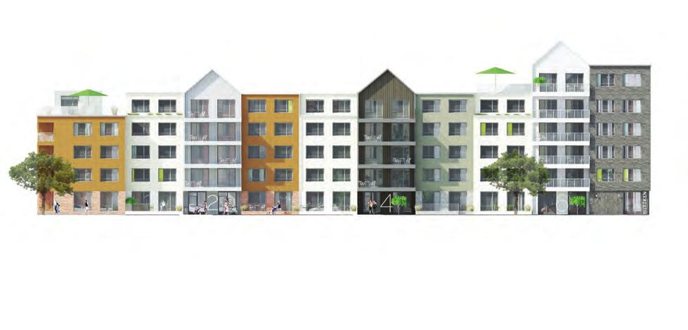 Lokalen i bottenplan förstärker de urbana kvalitéerna längs gata 3.