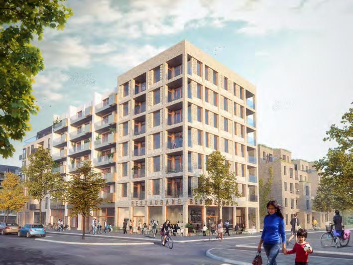 Mot respektive kvartersgata leder öppningar i kvarteret in till gården, och en portik i norr skapar en koppling mellan gården och Gröna slingan.