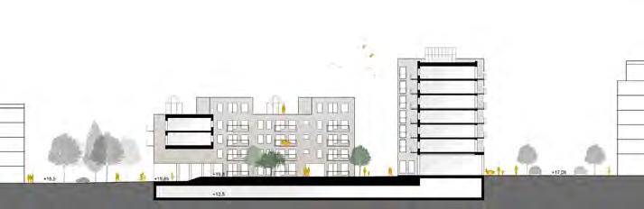 Gatt i kvartersgatorna leder in till kvarterets gemensamma gård. Från den västra kvartersgatan finns infarten till det gemensamma parkeringsgaraget.