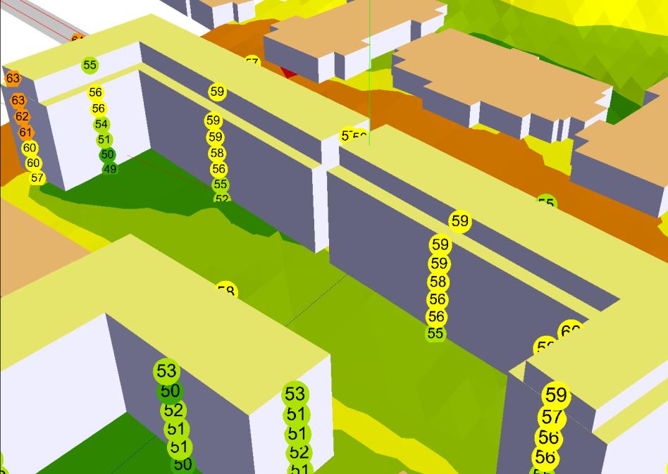 Ljudnivån som har beräknats i liv med fasaden kommer enligt vår erfarenhet att bli ca 4-5 db lägre utanför fönster som vetter mot balkong, förutsatt att balkongräcket är 1,1 meter