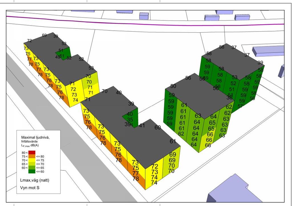 Figur 10. Maximal ljudnivå (väg nattetid) i 5dB färgintervall på fasad. Vy mot syd. Frifältsvärden.