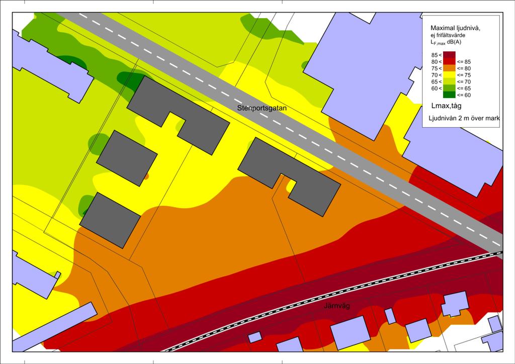 Figur 14. Bullerkarta maximal ljudnivå från spårtrafik i 5 db färgintervall 2 m ovan mark. Ej frifältsvärden. Figur 15.