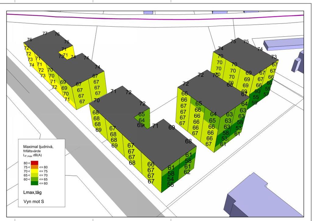 Figur 6. Maximal ljudnivå (tåg) i 5dB färgintervall på fasad.