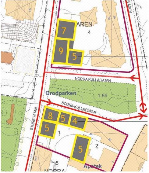 1.1 Planområde och bebyggelseförslag Detaljplanerna kommer medge bostader, centrumverksamheter samt kontor.