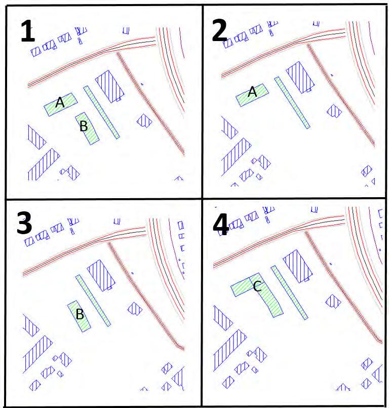 5 Förutsättningar Ljudnivåer för fyra olika scenarion har beräknats. I figur 2 visas dessa scenarion och identifikation i form av bokstäver för de olika byggnaderna.