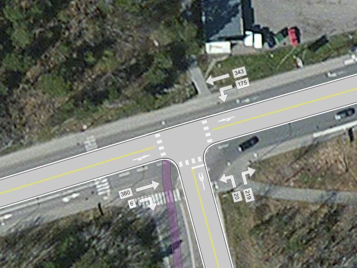 Bilaga 3 Svängfördelningar i korsningar, prognosår 2040. I denna bilaga redovisas prognostiserade trafikflöden i form av svängfördelningar i korsningar.