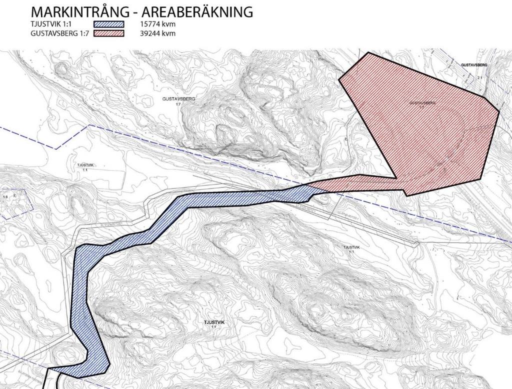 Sida 31 (36) Figur 25: Områden som Värmdö kommun avser att förvärva för allmän plats. Område 1,inom Gustavsberg 1:7 redovisas med rött och område 2, inom Tjustvik 1:1 redovisas med blått.