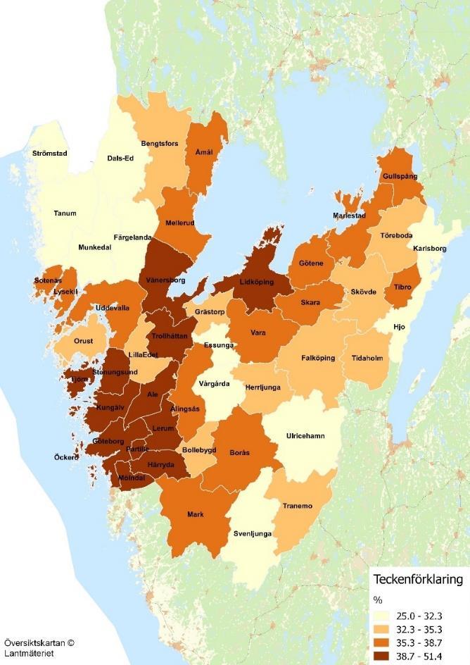 23 Figur 10 Övergång till högskolan inom 3 år efter avslutad utbildning i gymnasiet, andel (%) av elever folkbokförda i kommunen. Medelvärde för åren 2013-2015. Källa: Skolverket.